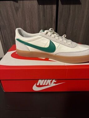 Nike White Sneakers with Green Swoosh and Gum Sole